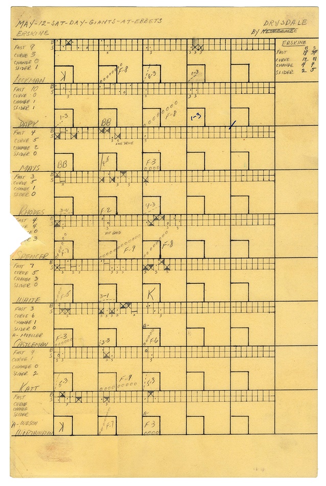 The Carl Erskine Collection - 1956 Carl Erskine No-Hitter Pitch Chart by Don Drysdale