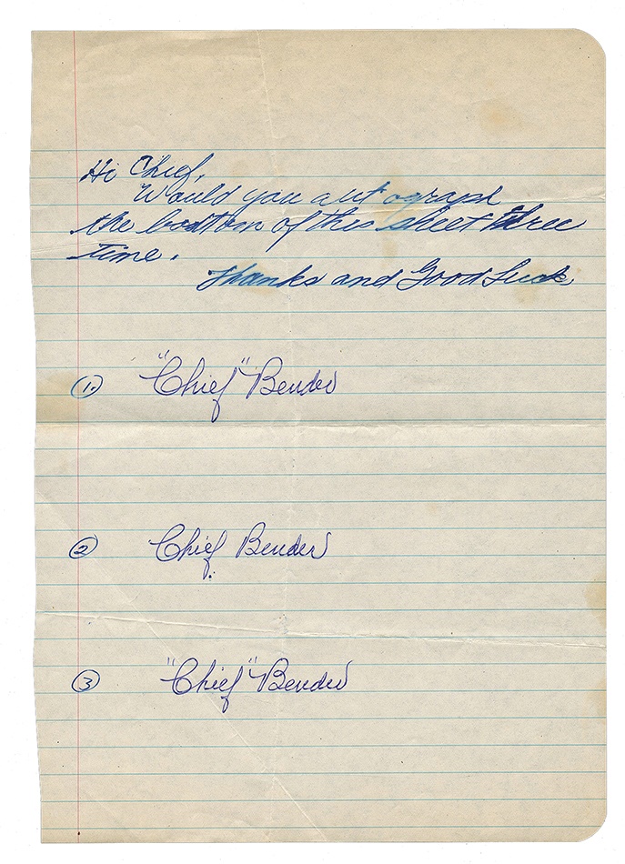 The Letter Writer Collection - Fan Letter Written to Chief Bender Requesting 3 Signatures