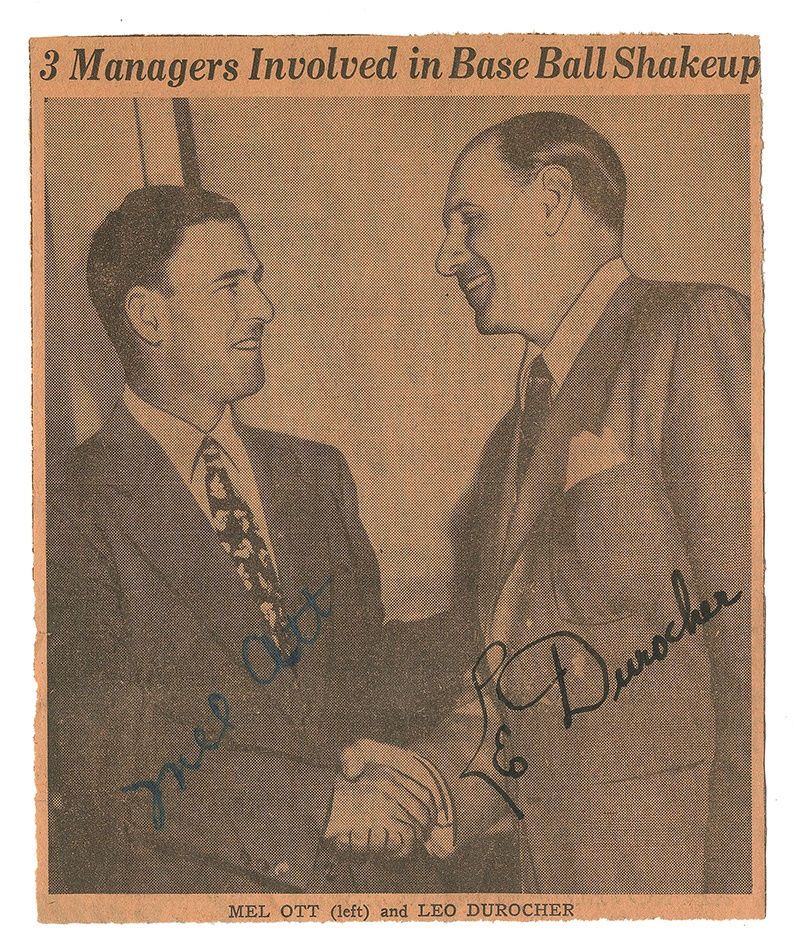 The Letter Writer Collection - Mel Ott and Leo Durocher Signed Newspaper Photo