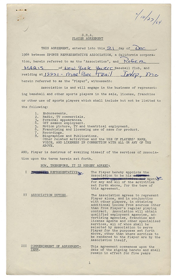 - Roger Maris 1964 Signed Contract For Marketing Representation