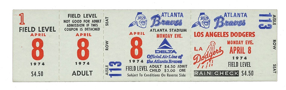 Baseball Memorabilia - Hank Aaron Full Ticket to Historic HR #715