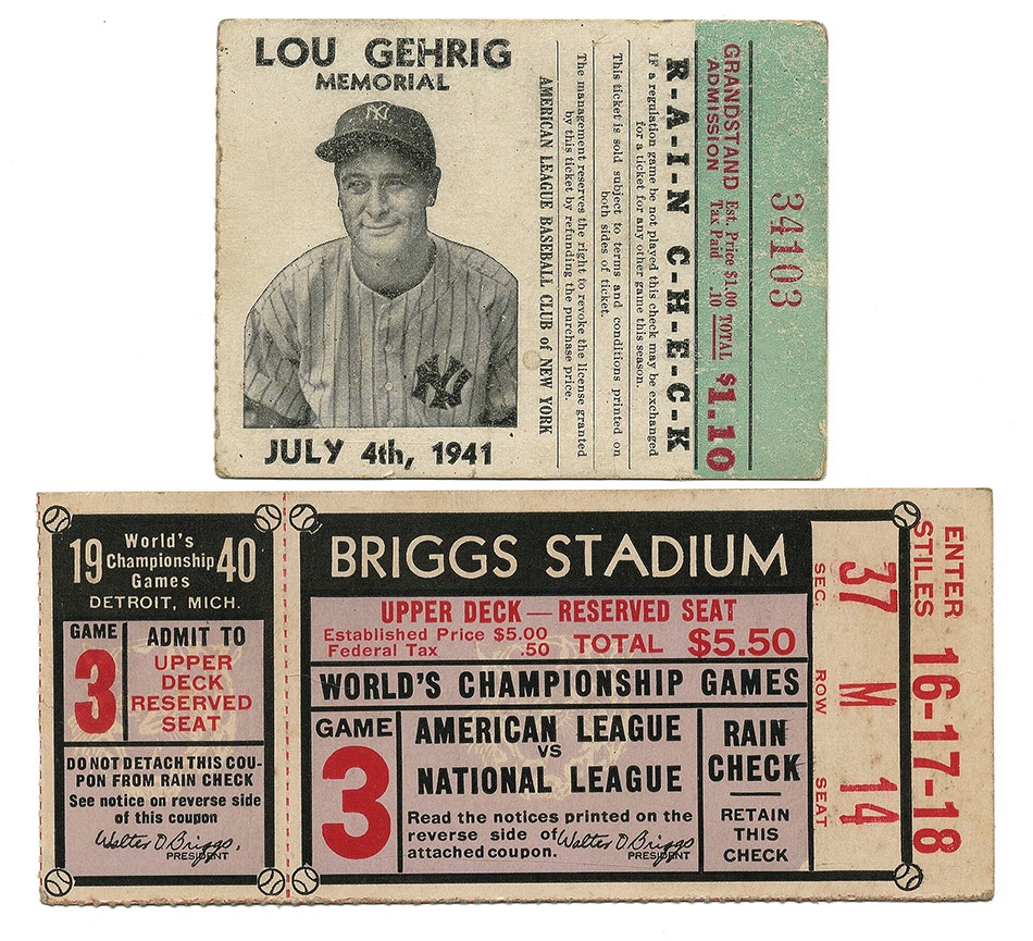 Baseball Memorabilia - Lou Gehrig Memorial Ticket Stub and 1940 World Series Stub