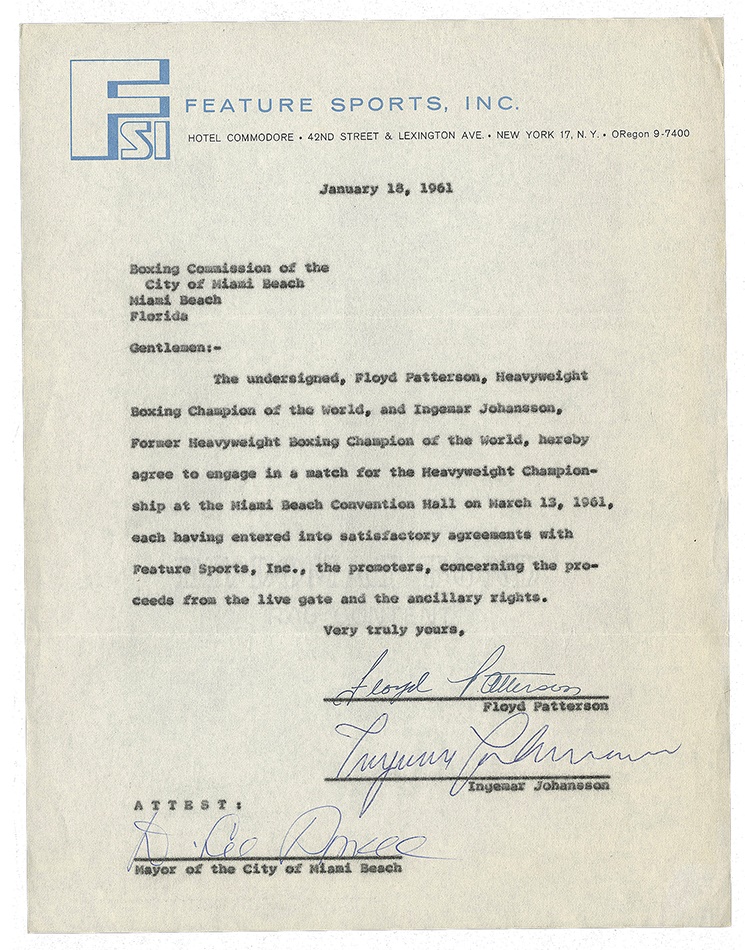 - 1961 Patterson-Johansson Signed Fight Contract