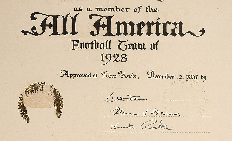 - 1928 All-America Football Certificate Signed By Rockne, Jones & Warner