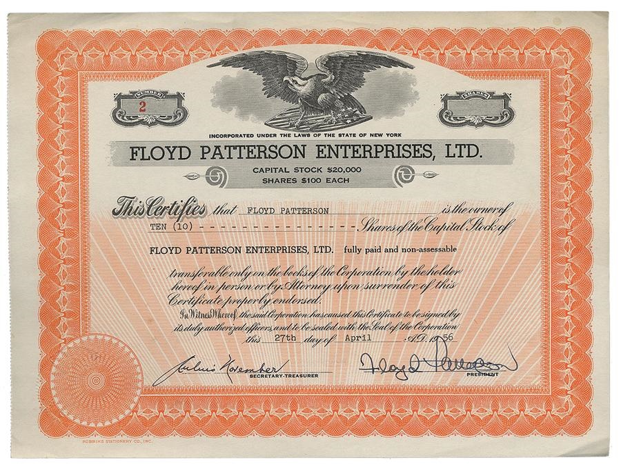 The Floyd Patterson Collection - Floyd Patterson Enterprises Stock Certificate