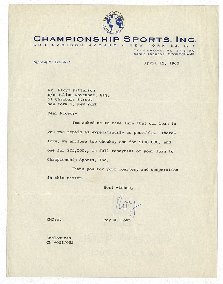 The Floyd Patterson Collection - 1963 Roy Cohn Letter to Floyd Patterson