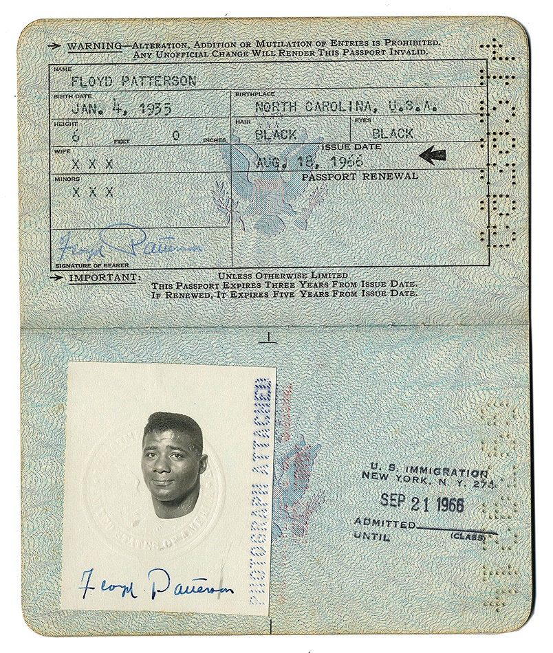 The Floyd Patterson Collection - 1966 Floyd Patterson Passport for Henry Cooper London Fight