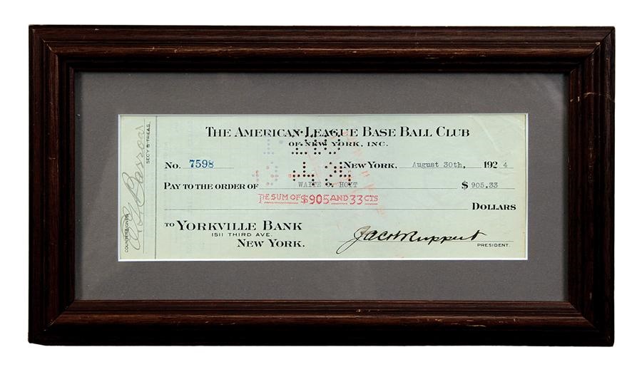 - 1924 Waite Hoyt Signed NY Yankees Payroll Check