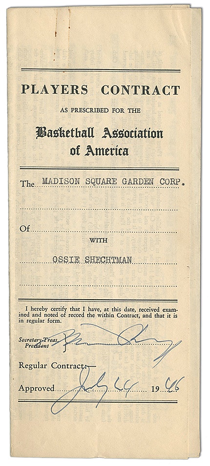 The Ossie Schectman Collection - Ossie Schectman's Players Contract for the First Year Knicks 1946-1947