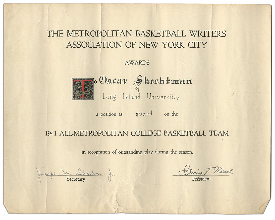 The Ossie Schectman Collection - Ossie Schectman's All-Metropolitan Team Awards and Photo including Red Holzman