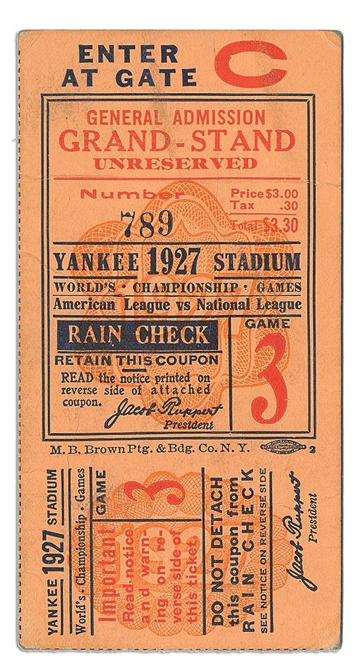 - 1927 World Series Game 3 Ticket Stub Babe Ruth HR