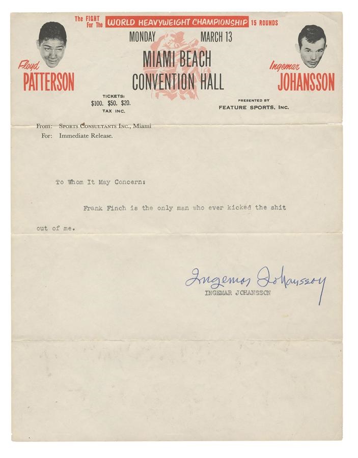 The Vern Foster Collection - Ingemar Johansson "Kicked the Shit Out of Me" Letter
