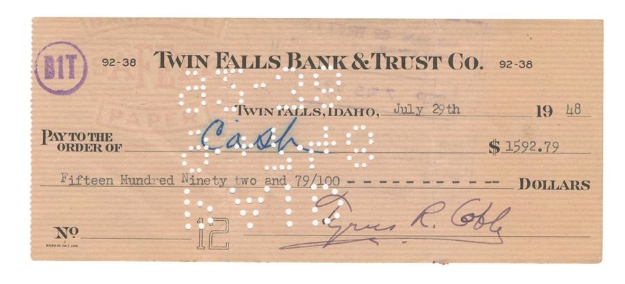 The Vern Foster Collection - Ty Cobb Signed Bank Check