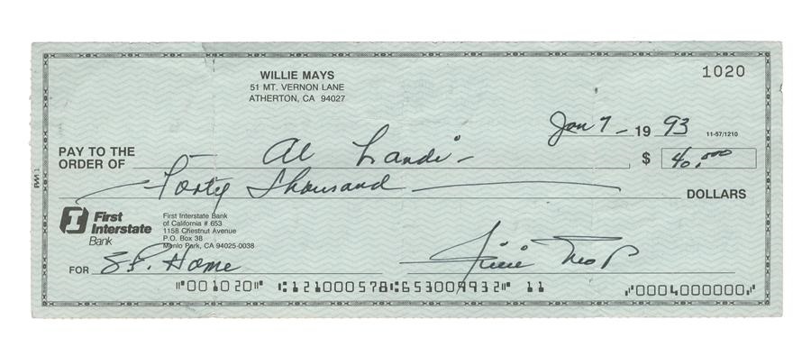 - Extremley Rare Willie Mays Signed Bank Check
