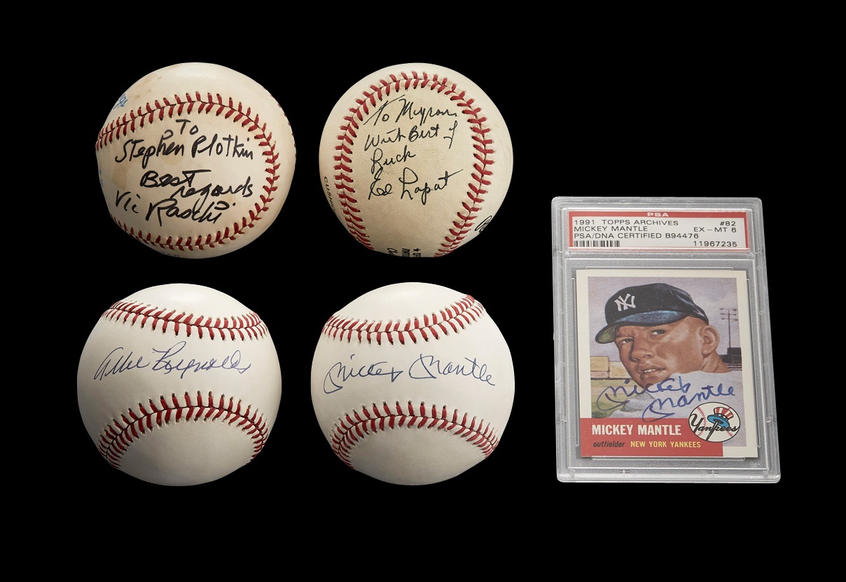 Four Legendary Yankees Single-Signed Baseball with a Mint Mickey Mantle