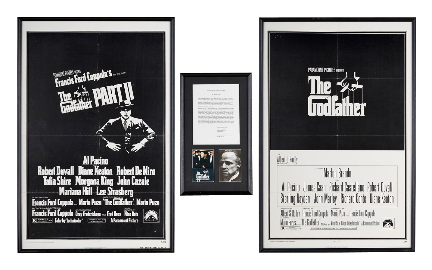 - The Godfather 1 & 2 One Sheet Movie Posters and Mario Puzo Signed Excerpt (3)