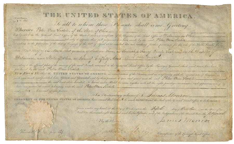 - President James Monroe Signed 1821 Land Grant