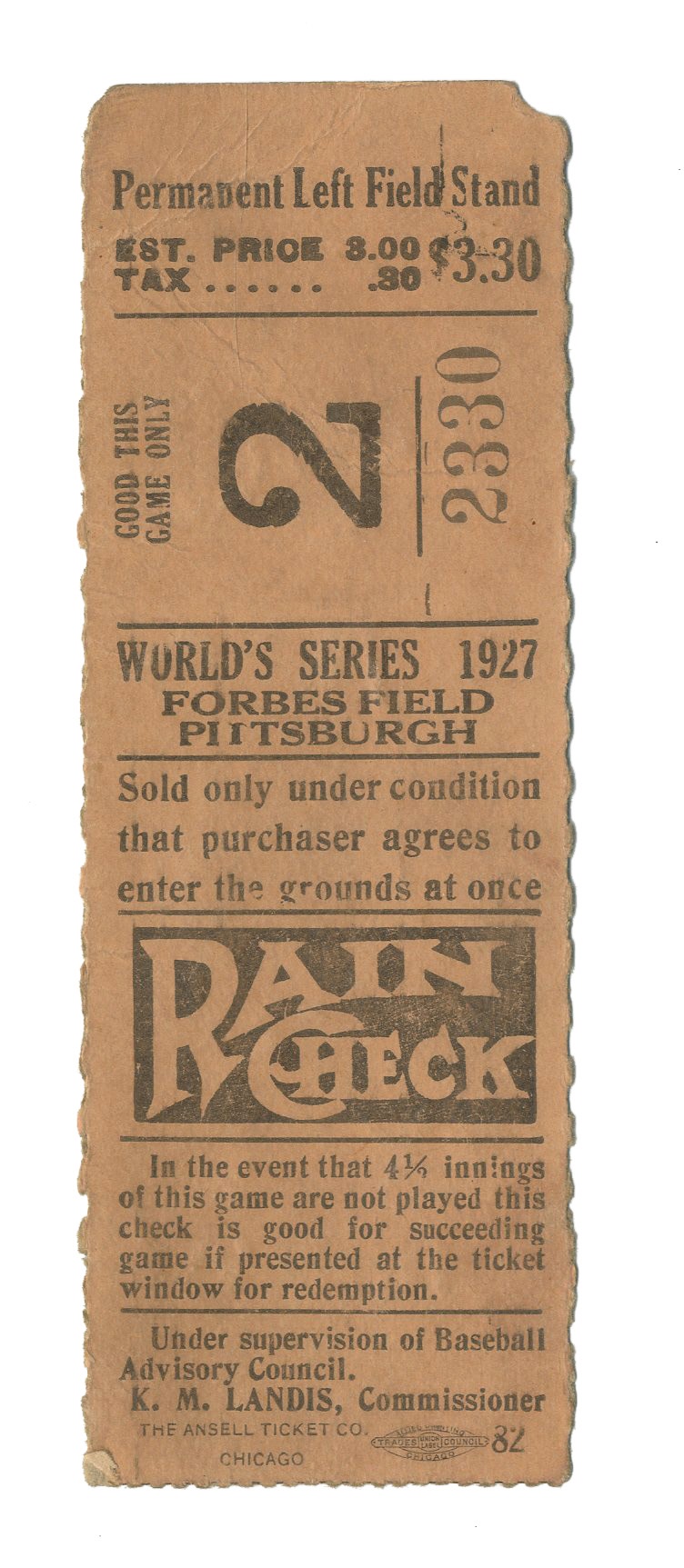 Baseball Memorabilia - 1927 World Series Game Two Ticket