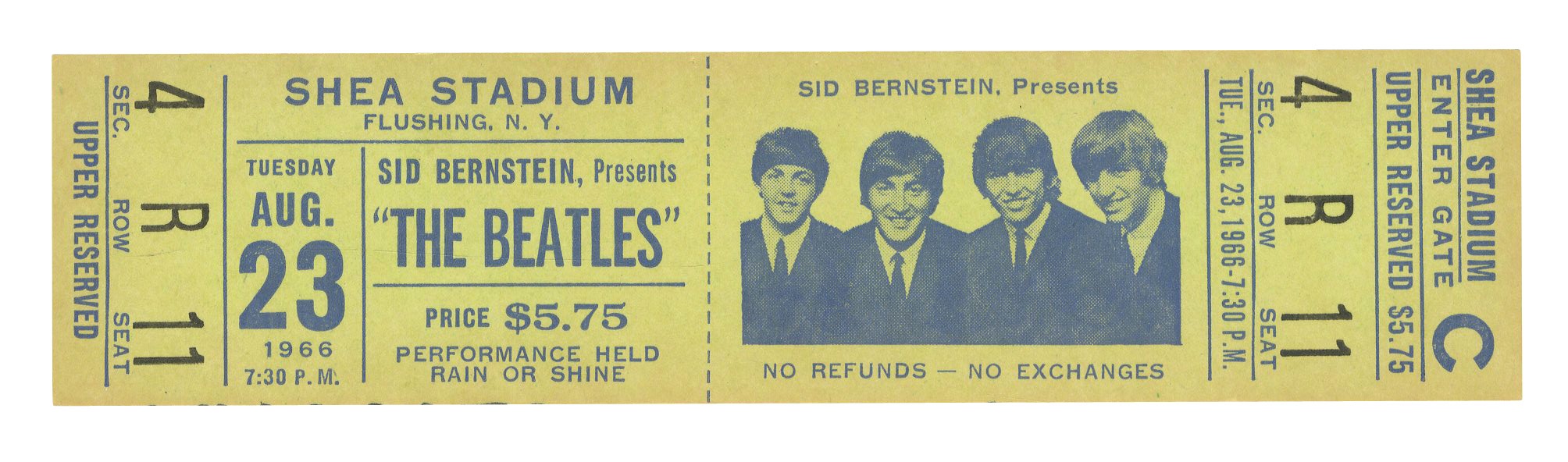 - 1966 Beatles Shea Stadium Unused Ticket - High Grade