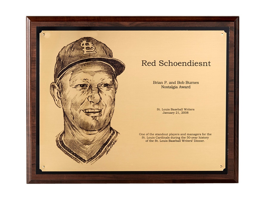 Red Schoendienst Equipment - St. Louis Baseball Writers Nostalgia Award Plaque