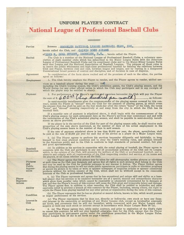 - 1948 Cal Abrams Brooklyn Dodgers Contract Also Signed By Branch Rickey