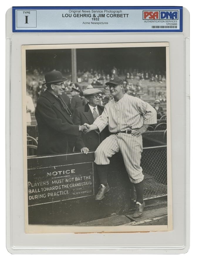 Baseball Memorabilia - Lou Gehrig & James J Corbett Wire Photo (1932 World Series)