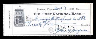 Sports Autographs - 1921 Honus Wagner Signed Check