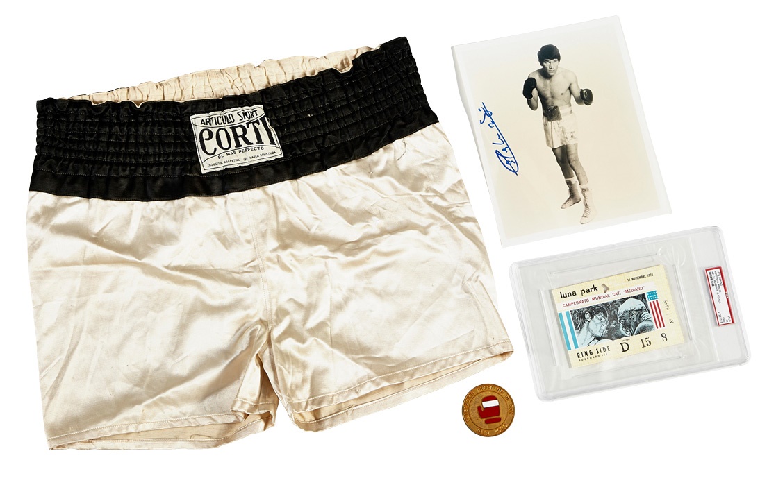 - 1980 Carlos Monzon Fight Worn Exhibition Trunks, Medal and Ticket