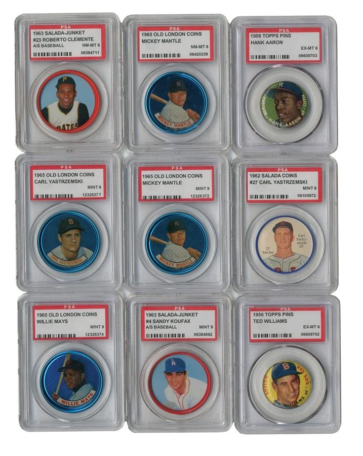 Sports and Non Sports Cards - 1956-1965 PSA Graded Pins and Coins Including Mantle, Mays, Williams 7 Aaron (41)