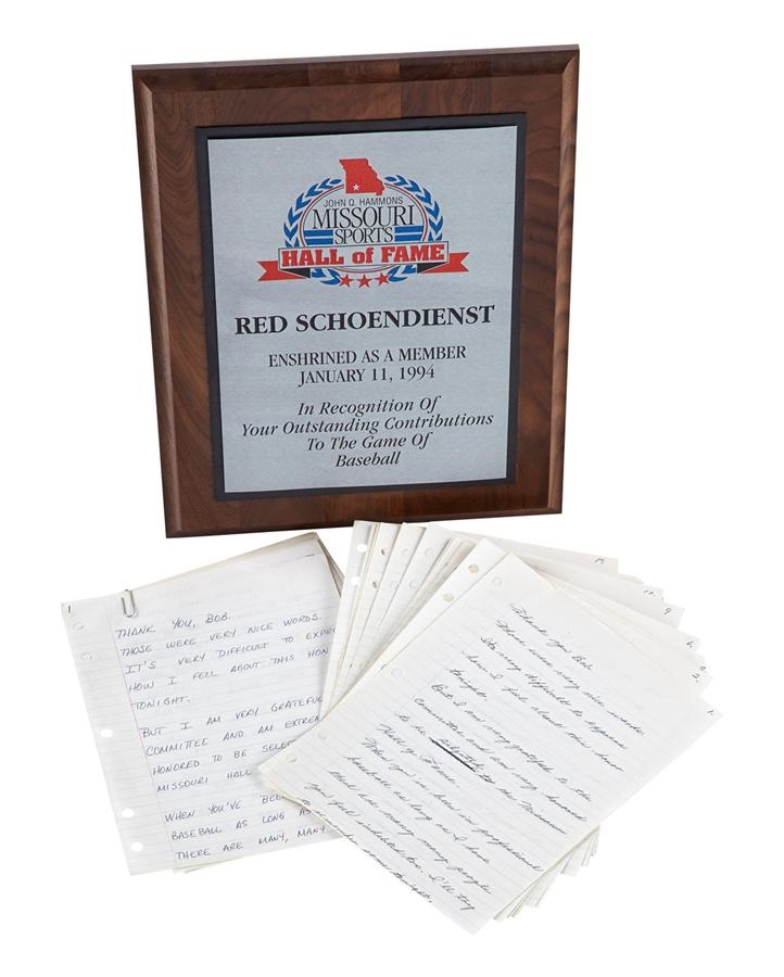 Red Schoendienst Jewelry & Awards - Missouri Sports Hall of Fame Award Plaque and Induction Speech