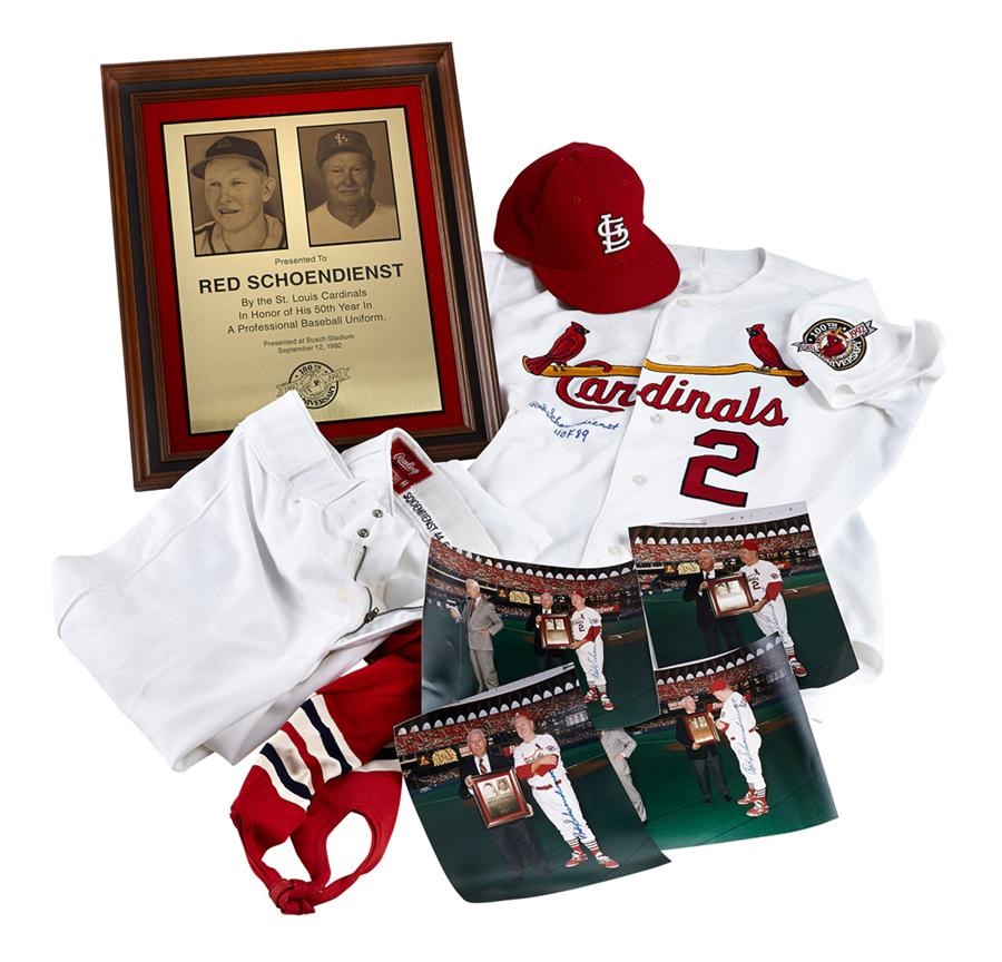 Red Schoendienst Jewelry & Awards - 50th Year In a Professional Baseball Uniform Plaque and Uniform