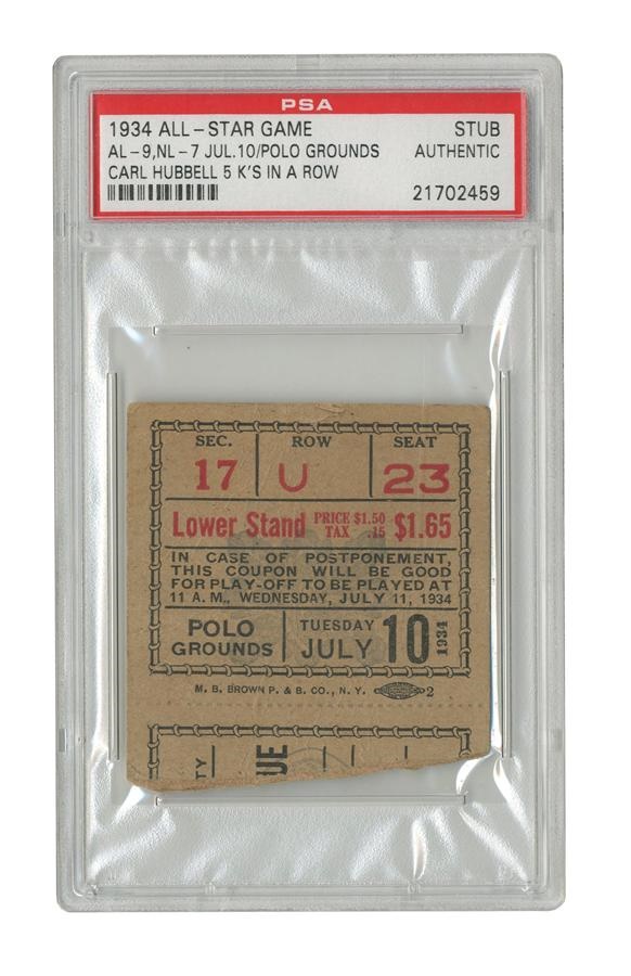 - 1934 All-Star Game Ticket Stub, Carl Hubbell K's Five in a Row!