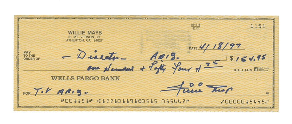 Baseball Autographs - Very Rare Willie Mays Signed Bank Check