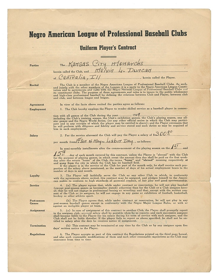 Negro League, Latin, Japanese & International Base - Kansas City Monarchs Negro American League Player's Contract