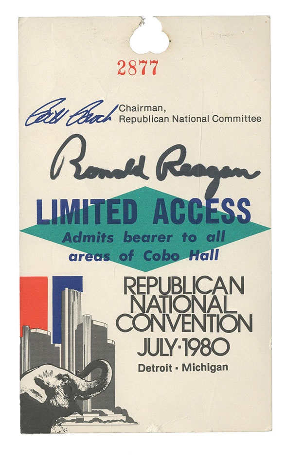 Rock And Pop Culture - Ronald Reagan Signed 1980 Republican National Convention Pass