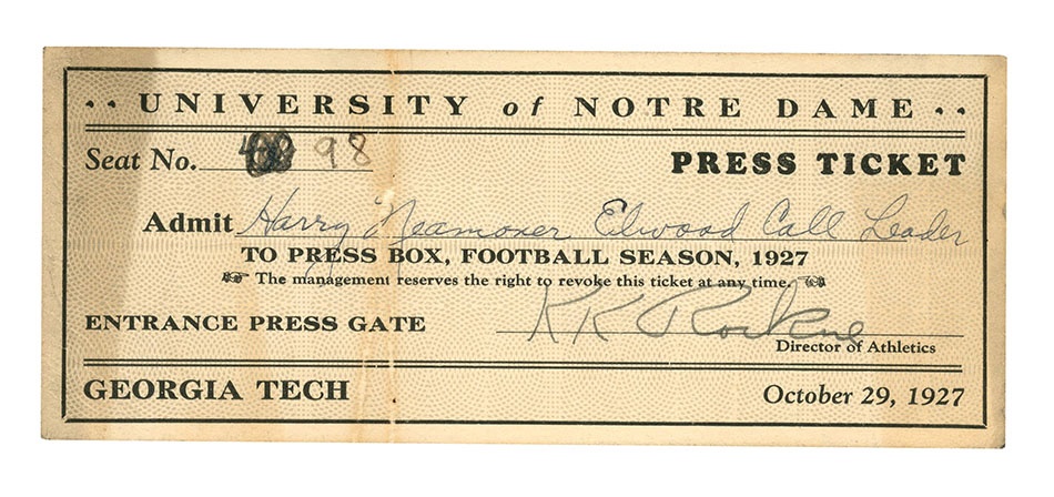 Football - Knute Rockne Signed Notre Dame Press Ticket and Portrait Photo (2)