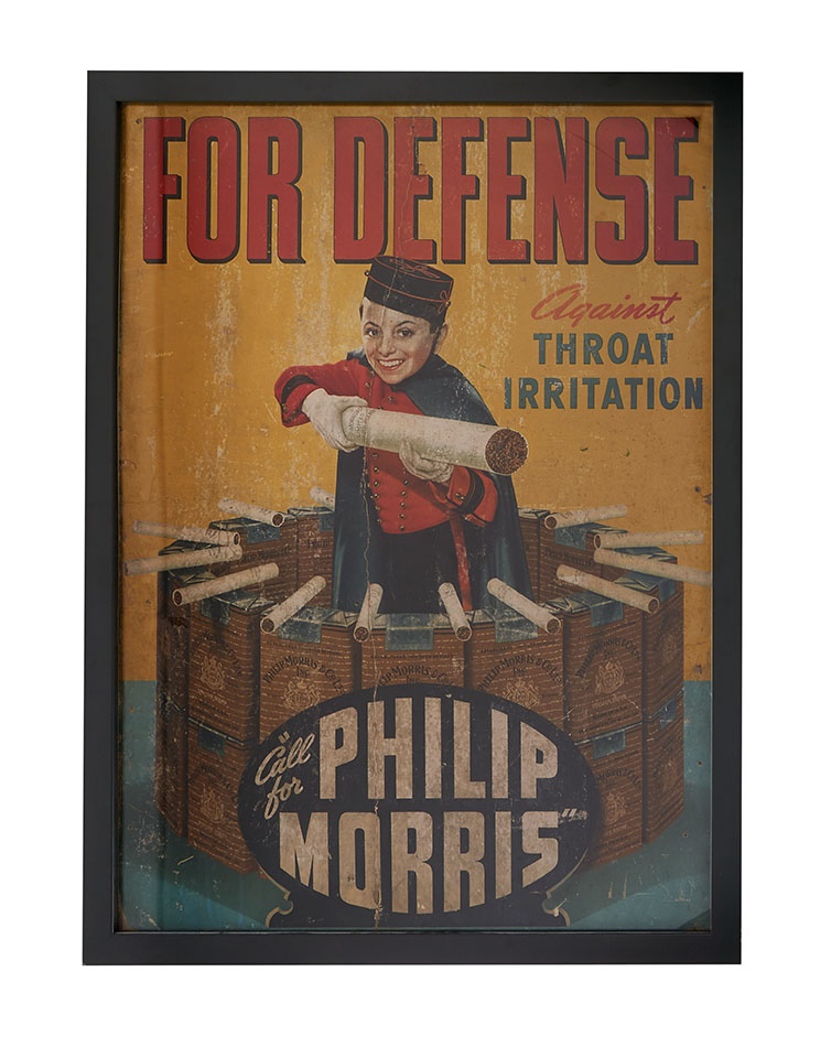 - WWII Era "For Defense Against Throat Irritation" Philip Morris Cardboard Display