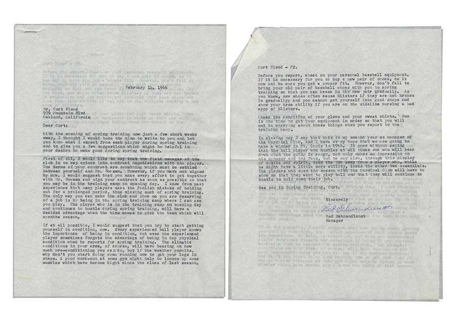Red Schoendienst Collection Part II - Important Letter to Curt Flood