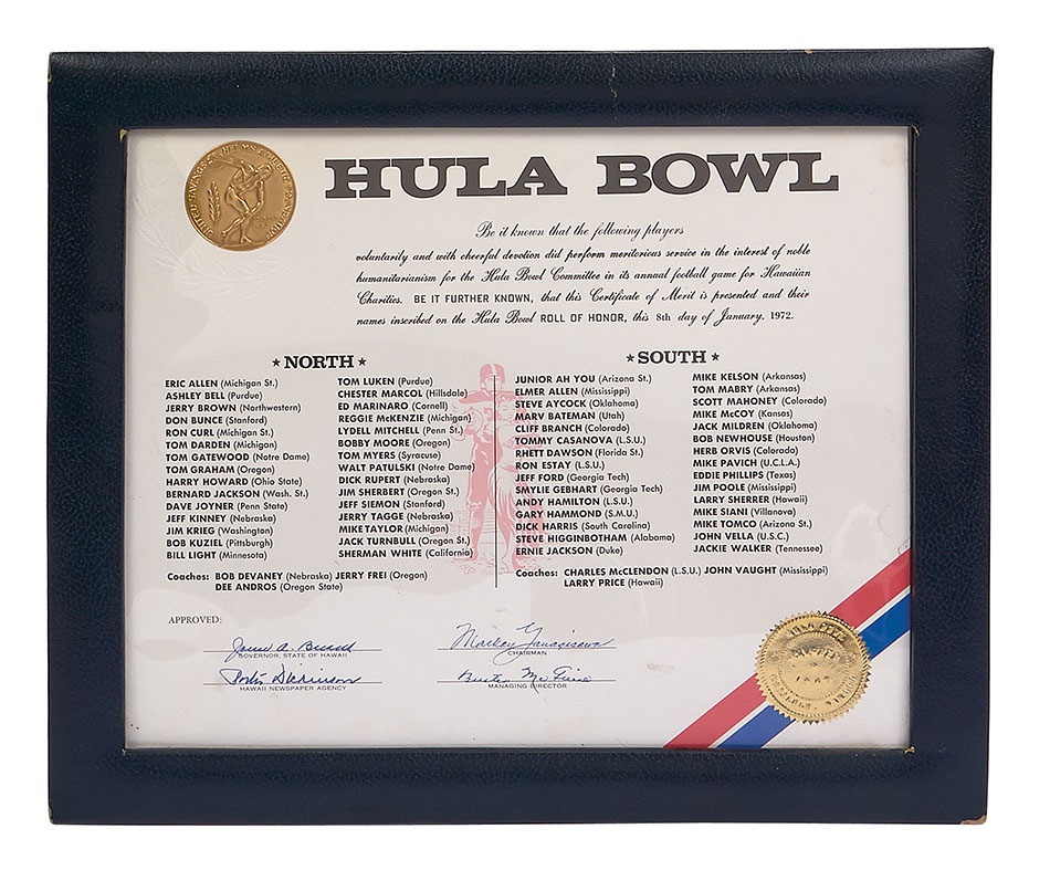The Vern Foster Collection - 1972 Hula Bowl Award Presented Only to Players