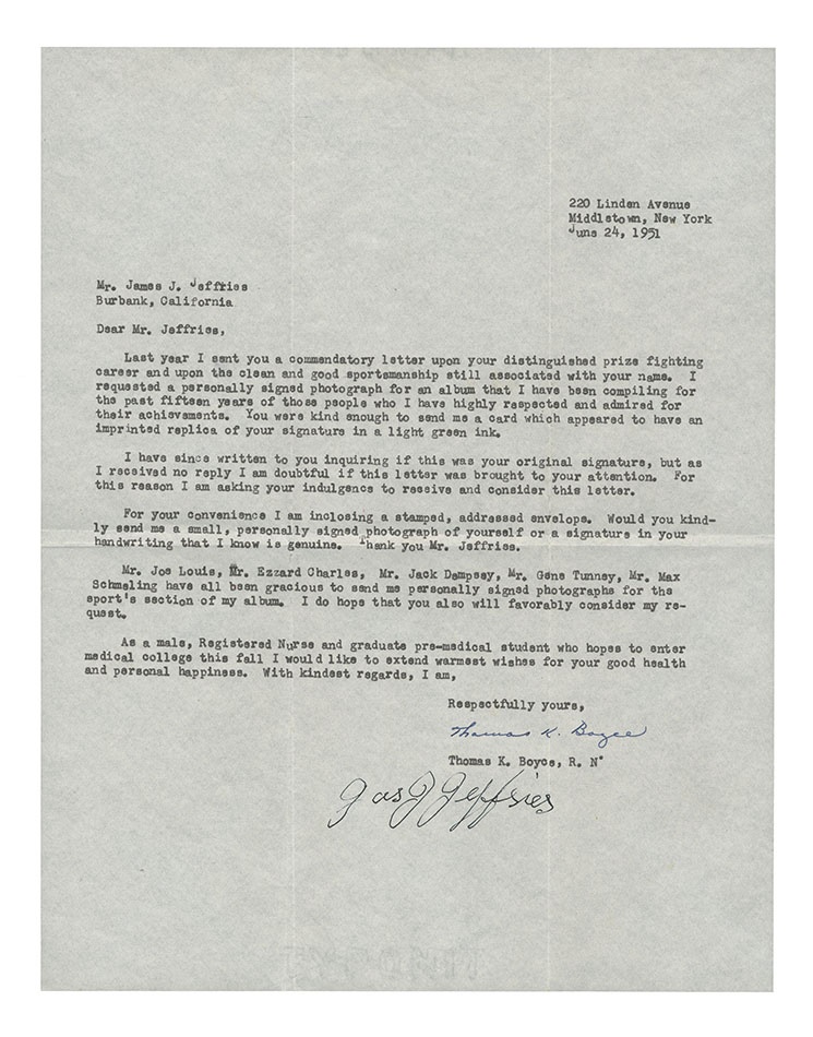 - 1951 James J. Jeffries Signature on Letter