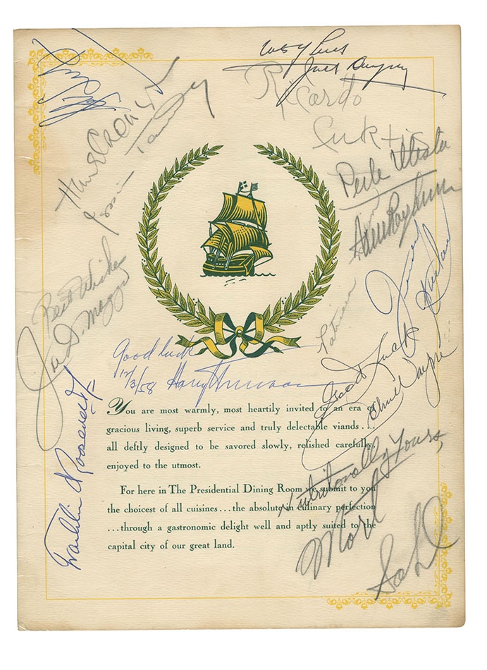 Baseball Autographs - 1958 Mayflower Hotel Signed Menu with President Truman, John Wayne, Joe DiMaggio, Judy Garland + More