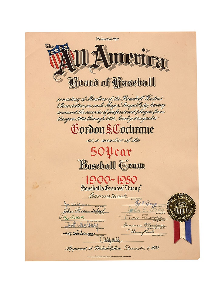 The Mickey Cochrane Collection - Mickey Cochrane All-America 50-Year Baseball Team Certificate