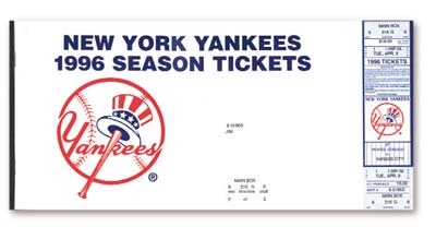 NY Yankees, Giants & Mets - 1996 New York Yankees Season Ticket