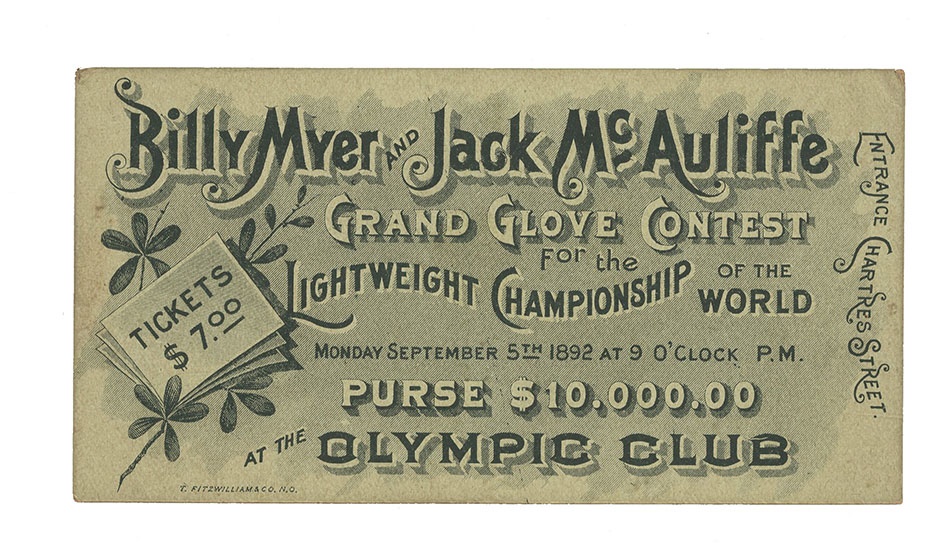 Muhammad Ali & Boxing - Jack McAuliffe-Billy Myer Full Ticket (1892)