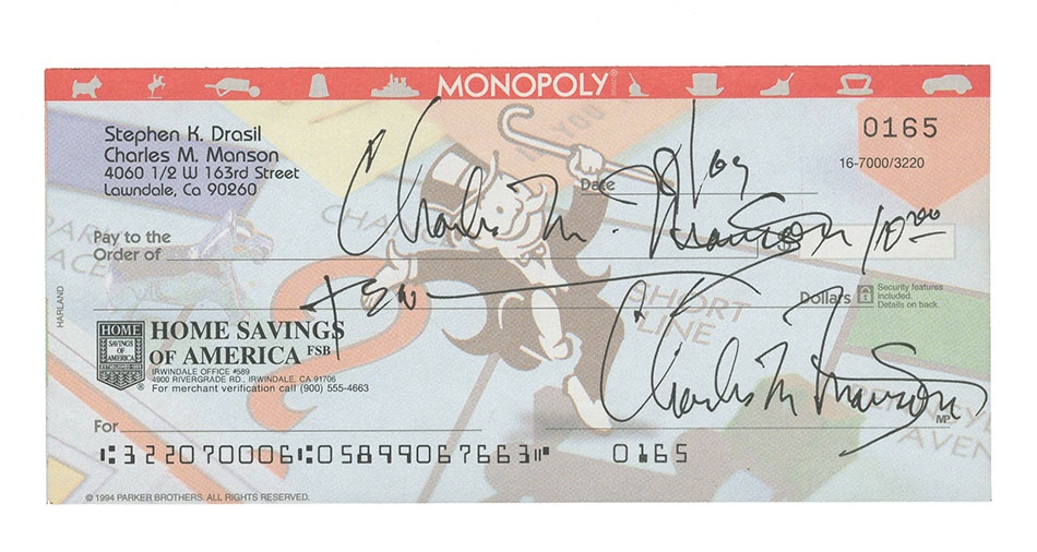 Charles Manson Double-Signed Check