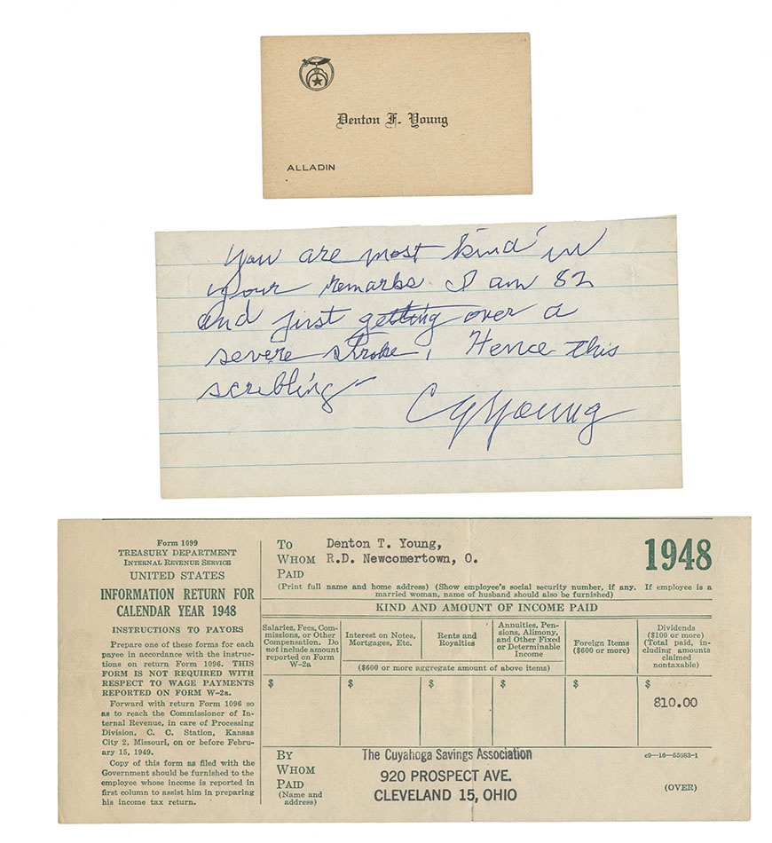 Baseball Autographs - Cy Young Deathbed Note, Calling Card, & IRS 1099