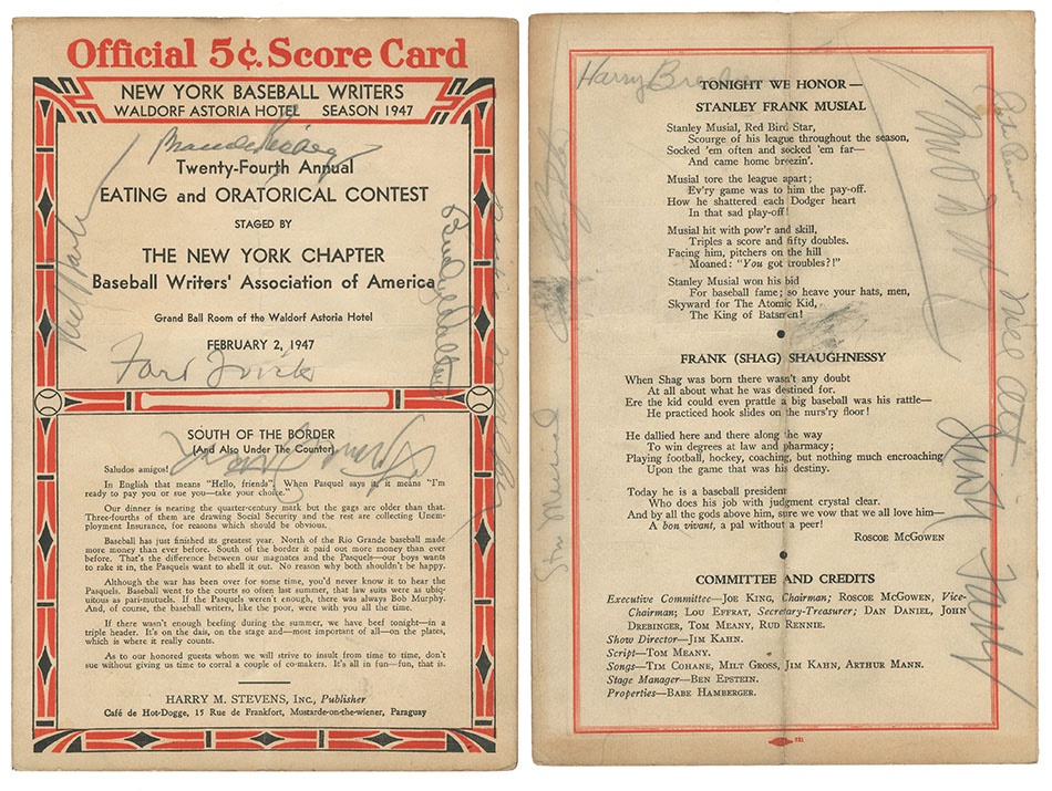 1947 Baseball Writers Dinner Signed Scorecard with Mel Ott & Branch Rickey