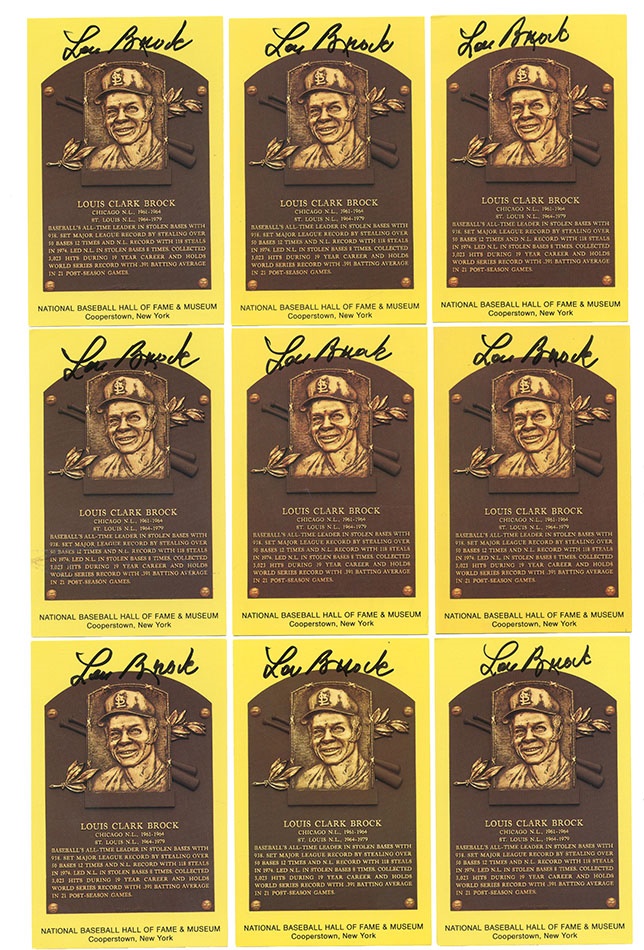 Property from the Collection of Lou Brock - Hoard of Lou Brock Signed Yellow Hall of Fame Plaque Postcards (245)