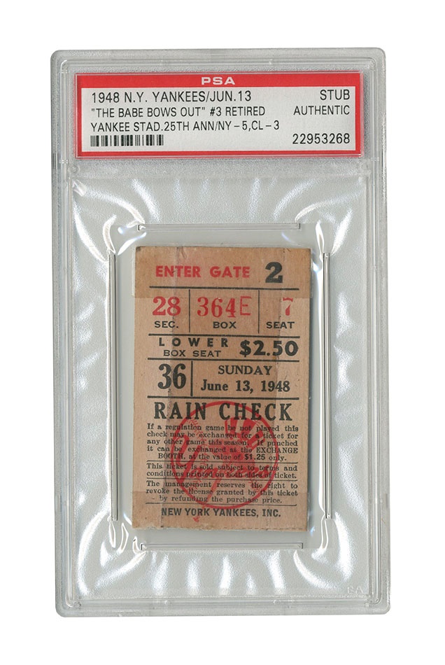 1948 "The Babe Bows Out" Rare Yankee Stadium Ticket