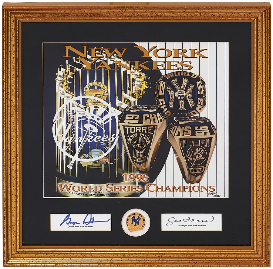 NY Yankees, Giants & Mets - 1996 World Series Champion Display w/ George Steinbrenner Autograph